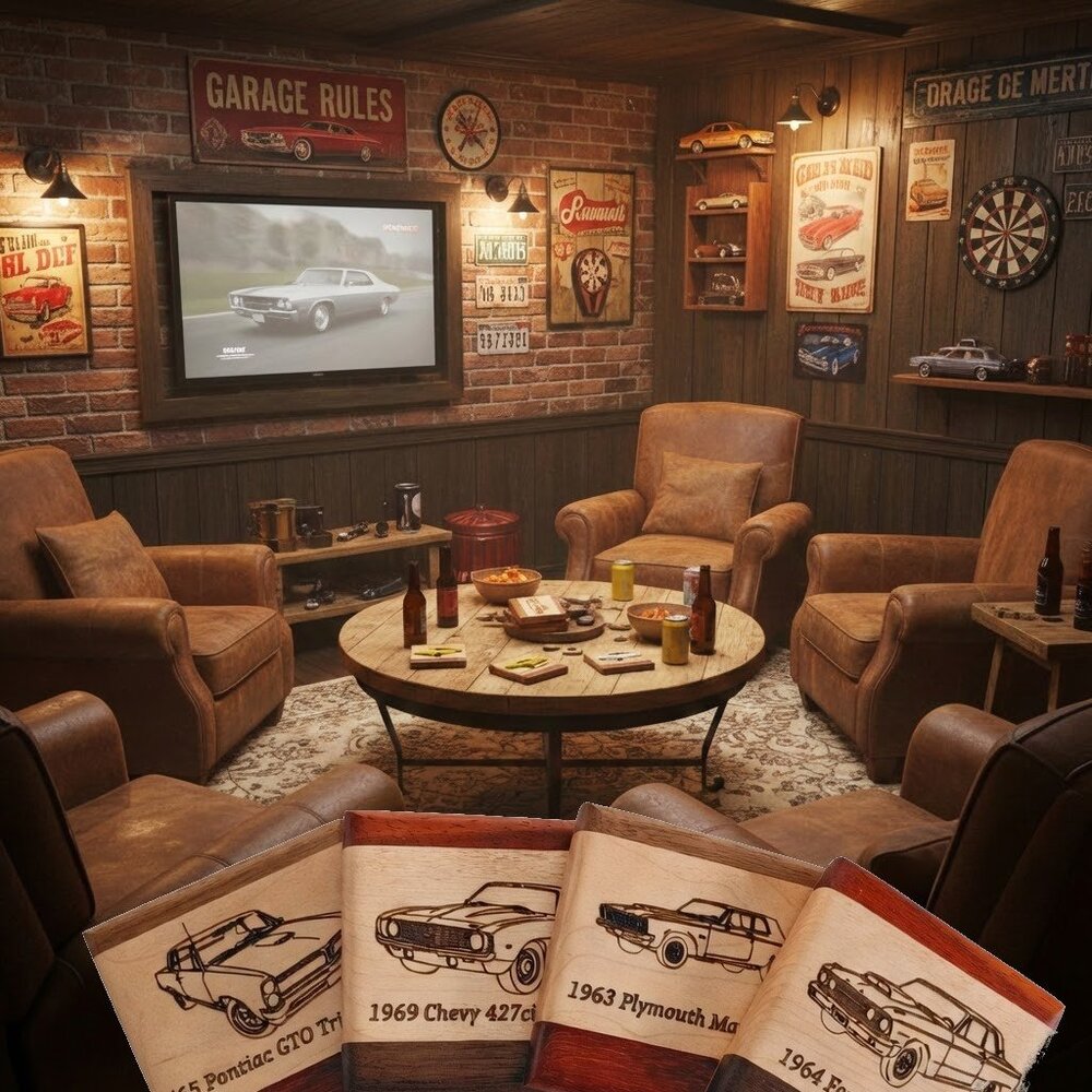 Set of 4 Classic Muscle Car Drink Coasters | Car Guy Gift | Man Cave